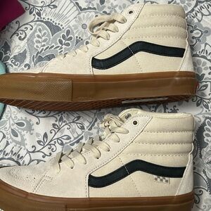 Vans High-Top Canvas Sneakers in Cream with Black Stripe and Gum Sole